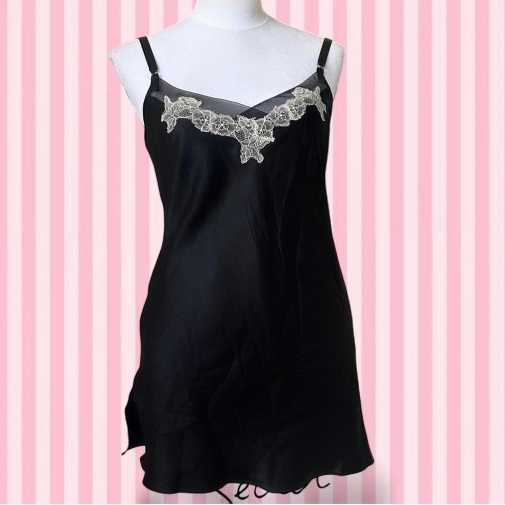 Victoria's Secret Black Satin Slip Dress with Floral Lace Details